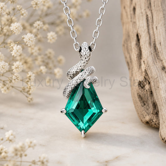 Kite Cut Lab Emerald Mystical Serpent Carved Nature Inspired Necklace - Cloak