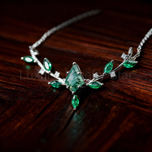 Kite Cut Moss Agate Leaf Cluster Antler Design Necklace - Elara