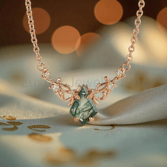 Kite Cut Moss Agate Mystical Nature Inspired Necklace