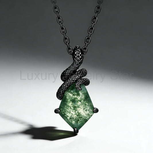 Kite Cut Moss Agate Mystical Serpent Carved Black Gold Gothic Necklace For Girlfriend - "Cloak"