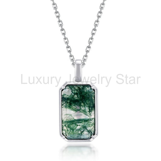 Long Emerald Cut Green Moss Agate Classic Necklace For Girlfriend "Avenra"