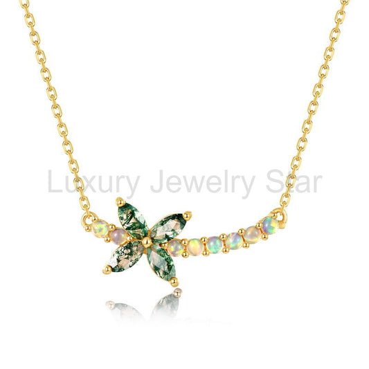 Luck Marquise Cut Moss Agate Mystical Nature Inspired Four-leaf Clover Shape Necklace