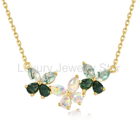 Marquise Cut Moss Agate Mystical Nature Inspired Four-leaf Clover Shape Necklace