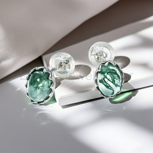 Mistral - Oval Cut Moss Agate Minimalist Classic Stud Earrings