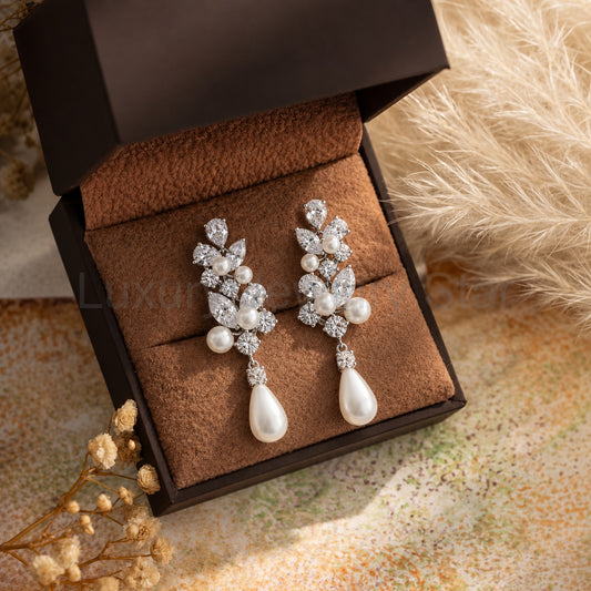 Moissanite & Natural Pearl Teardrop Dangle Bridal Wedding Earrings-Nivea