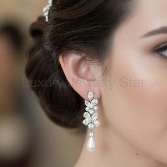 Moissanite & Natural Pearl Teardrop Dangle Bridal Wedding Earrings-Nivea - image 2