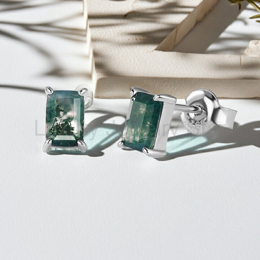 Mossgrove - Emerald Cut Moss Agate Solitaire Classic Stud Earrings