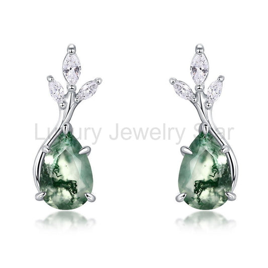 MossSpire - Pear Cut Moss Agate Nature Inspired Stud Earrings