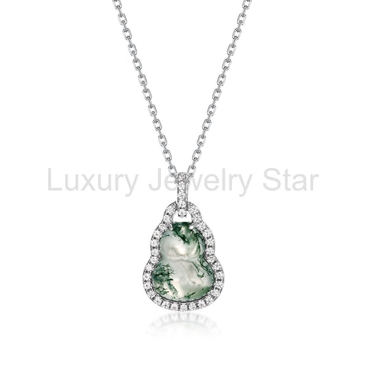 Natural Moss Agate Gourd Cut Necklace "The Bottle of Fortune"