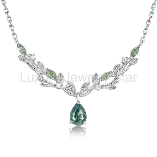 Olive Leaf Branch Green Moss Agate Collarbone Necklace Pear Cut Birthday Gift "Olivae"