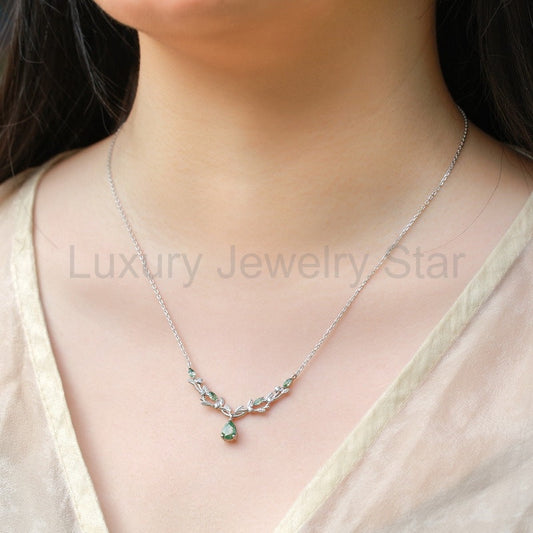 Olive Leaf Branch Green Moss Agate Collarbone Necklace Pear Cut Birthday Gift "Olivae" - image 2