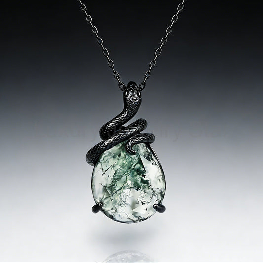 Oval Cut Moss Agate Mystical Serpent Carved Black Gold Gothic Necklace For Girlfriend - "Cloak"