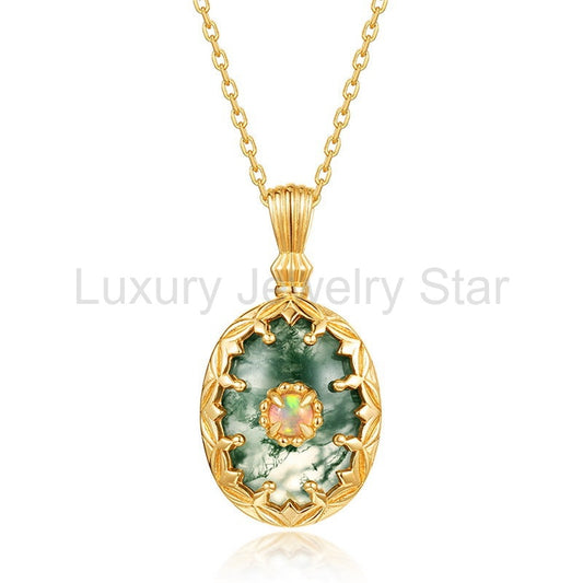 Oval Cut Moss Agate Vintage Necklaces - "Blanche"