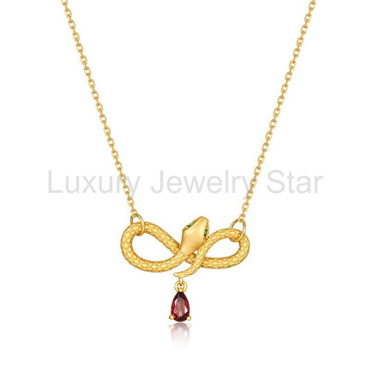 Pear Cut Garnet Mystical Serpent Carved Unique Necklace