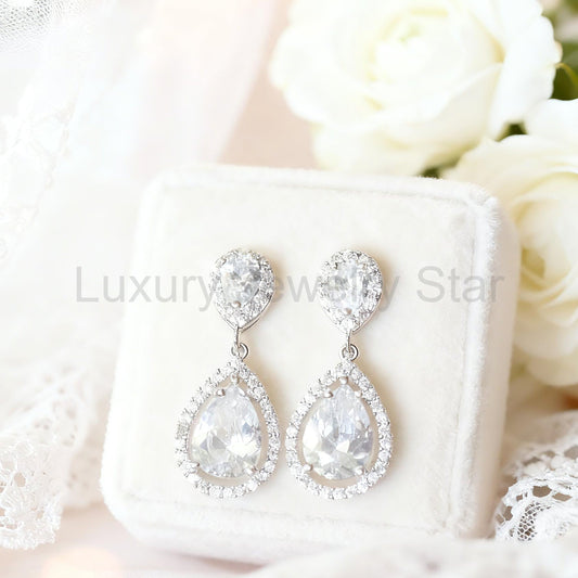 Pear Cut Moissanite Drop Bridal Wedding Earrings
