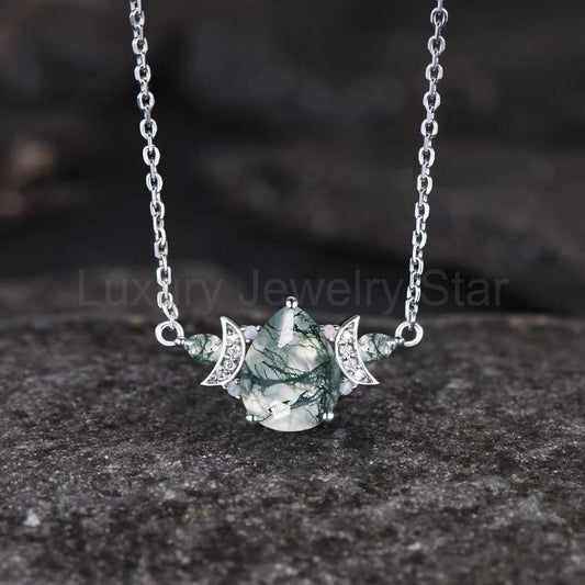 Pear Cut Moss Agate Galaxy Crescent Moon Pendant - 'Minty'