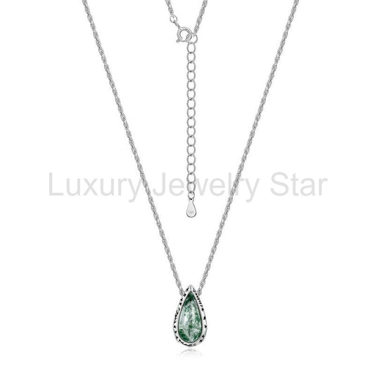 Pear Cut Moss Agate Gothic Textured Pendant Necklace For Girlfriend - "Verdant Droplet"