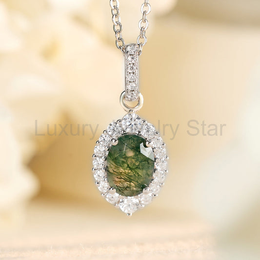 Pear Cut Moss Agate Halo Pendant- 'Verna'