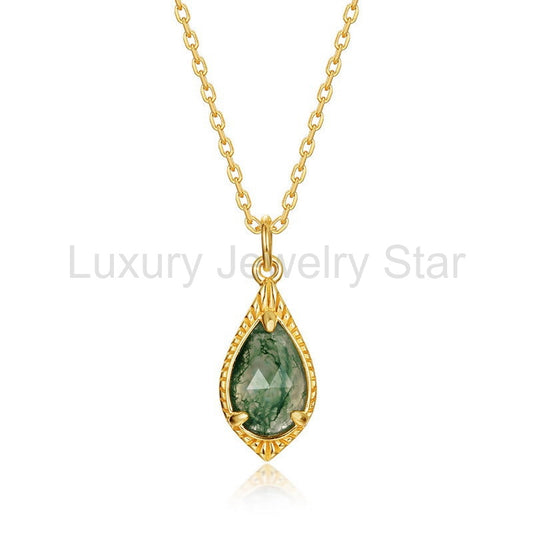 Pear Cut Moss Agate Vintage Pendant - Verde