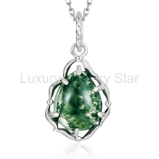 Pear Cut Moss Agate Vintage Pendant - 'Flora'