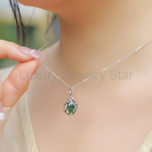 Pear Cut Moss Agate Vintage Pendant - 'Flora' - image 2