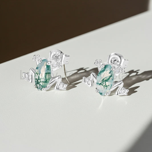 Pondgem - Marquise Cut Moss Agate Frog Unique Stud Earrings