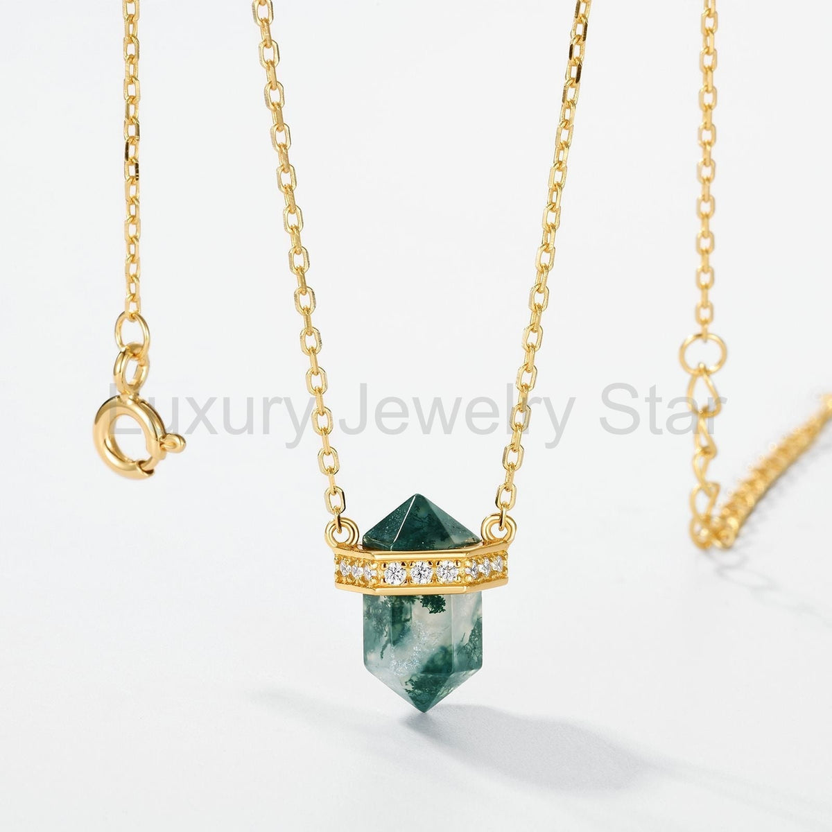 Rhombus-shaped Column Moss Agate Formal Celebration Crystal Point with Chain Necklace
