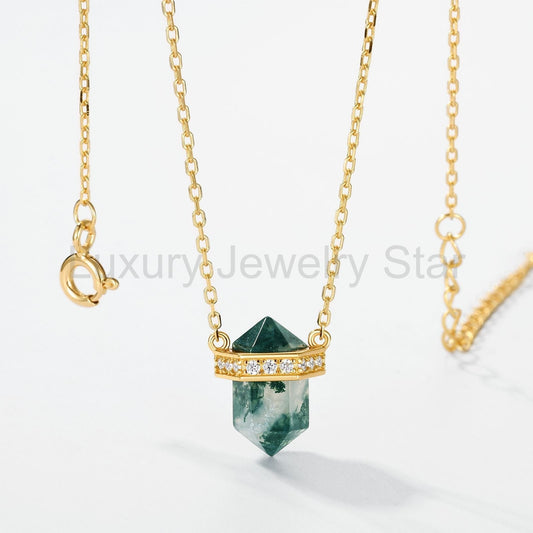 Rhombus-shaped Column Moss Agate Formal Celebration Crystal Point with Chain Necklace