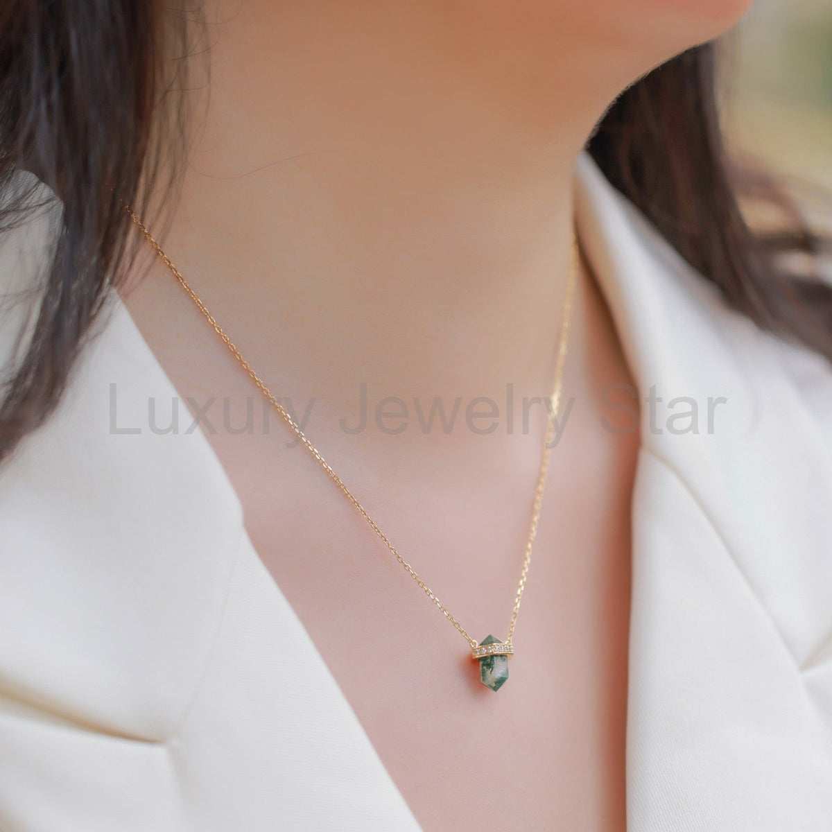Rhombus-shaped Column Moss Agate Formal Celebration Crystal Point with Chain Necklace - image 2
