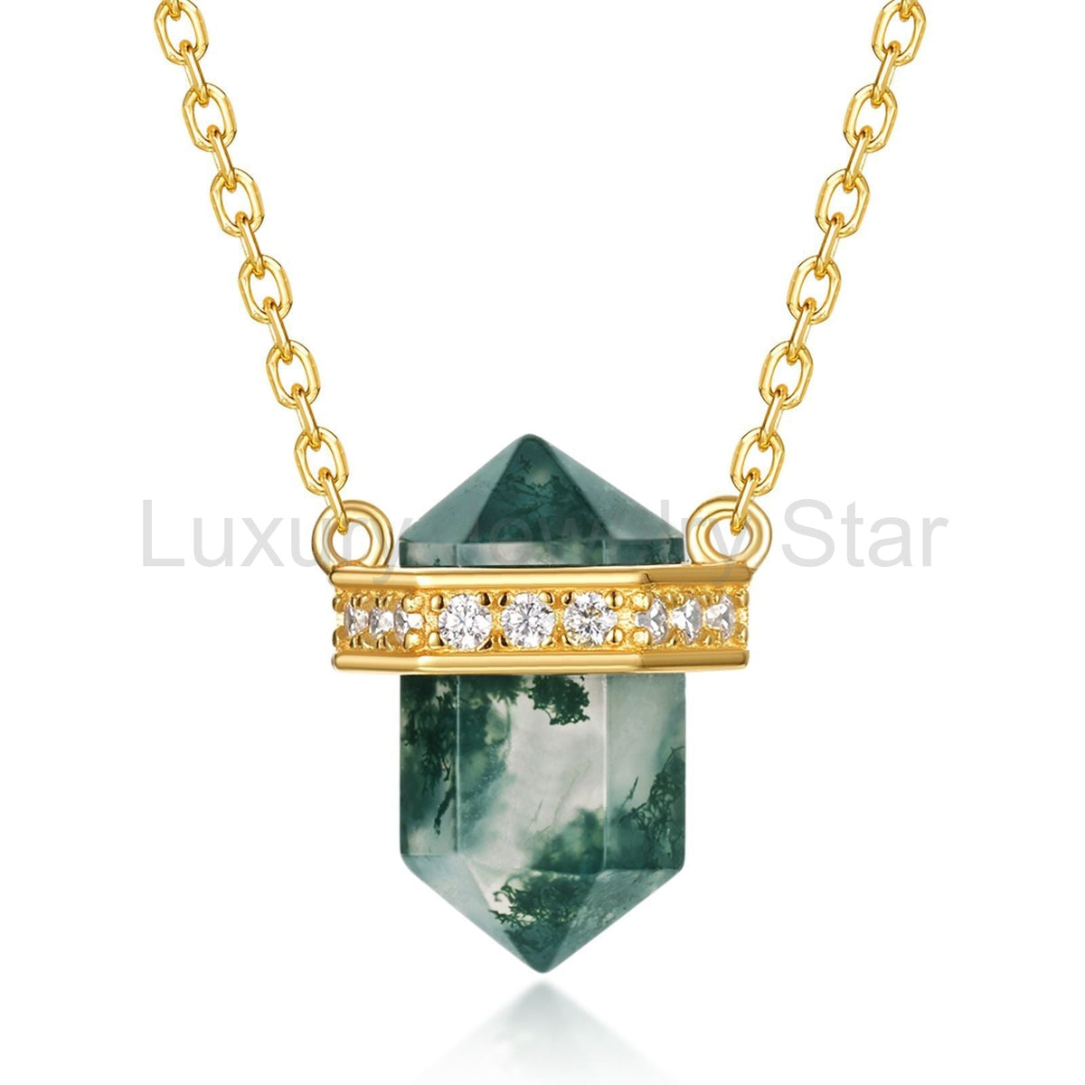 Rhombus-shaped Column Moss Agate Formal Celebration Crystal Point with Chain Necklace - image 3