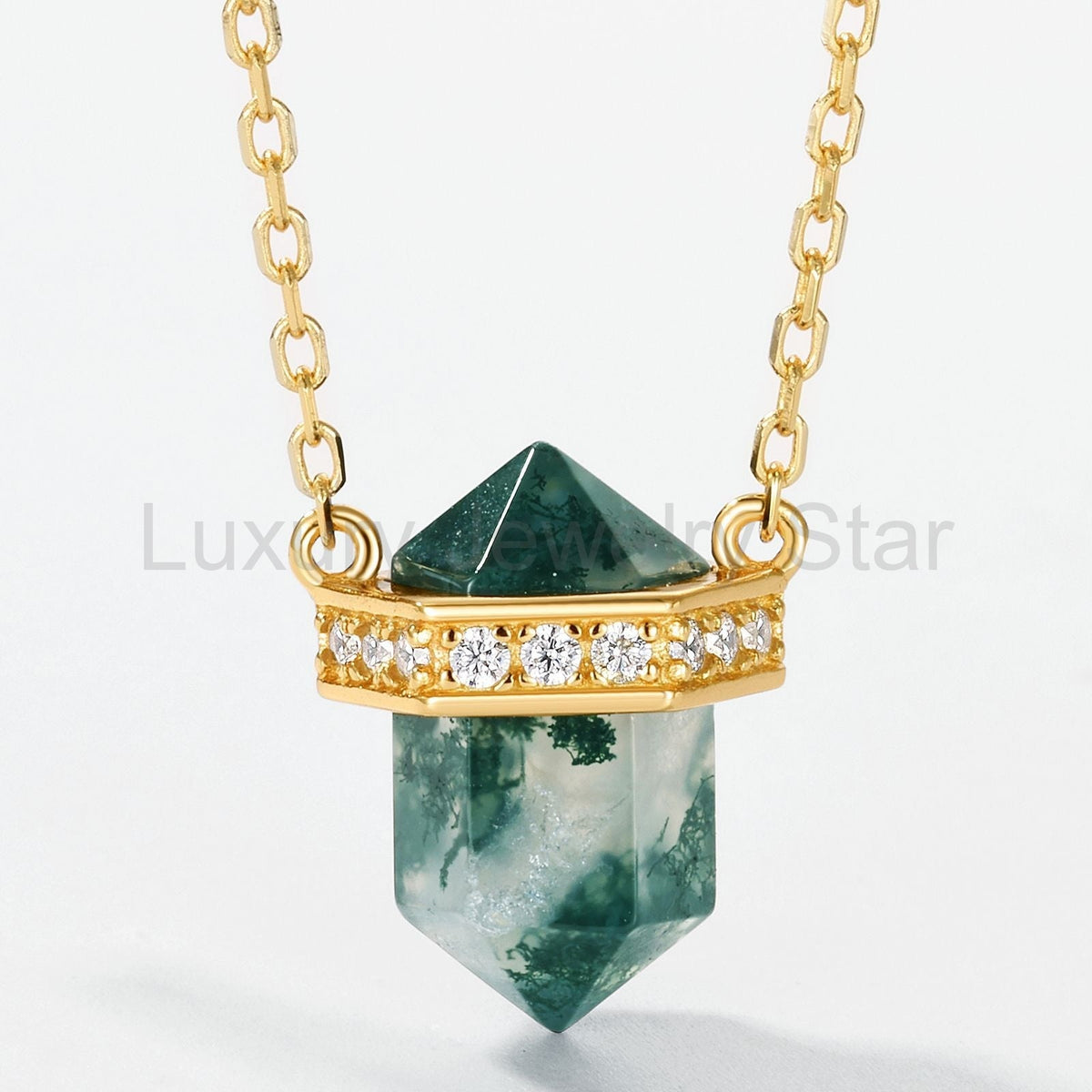 Rhombus-shaped Column Moss Agate Formal Celebration Crystal Point with Chain Necklace - image 5