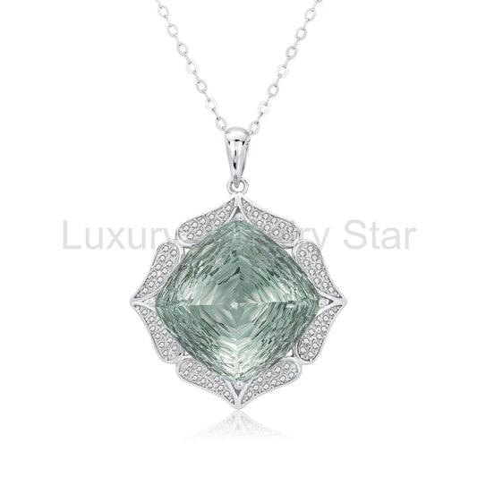 Rose Cut Natural Green Prasiolite Flower Quartz Necklace Elegance for Formal Evenings “Veloria”