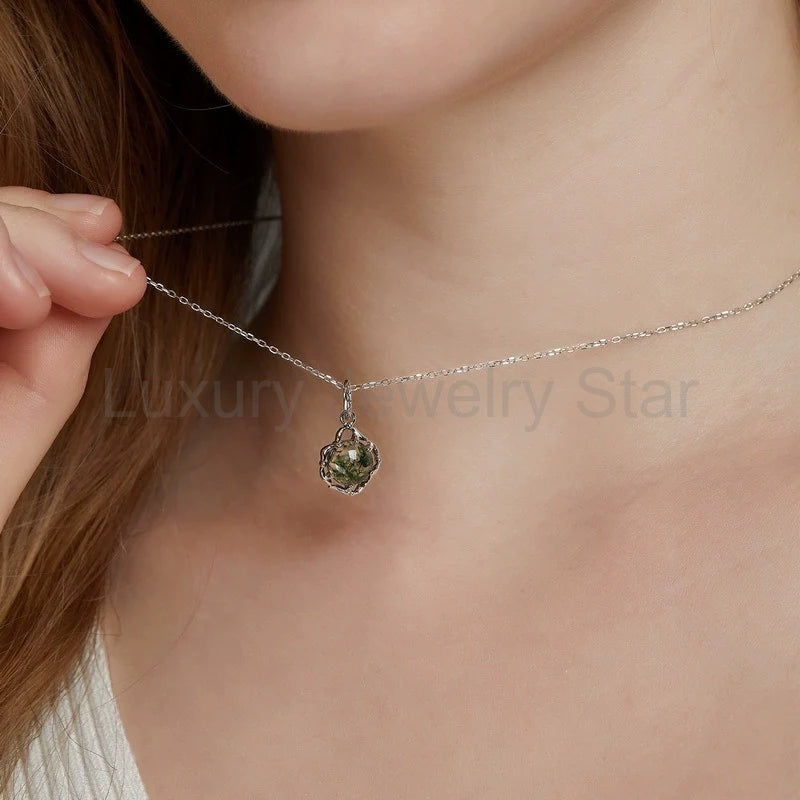 Round Cut Moss Agate Classic Necklace - Violet - image 2