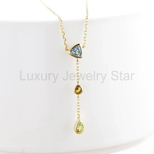 Seraphina - Pear Cut Aquamarine Citrine and Green Peridot Layered and Elegant Classic Necklace