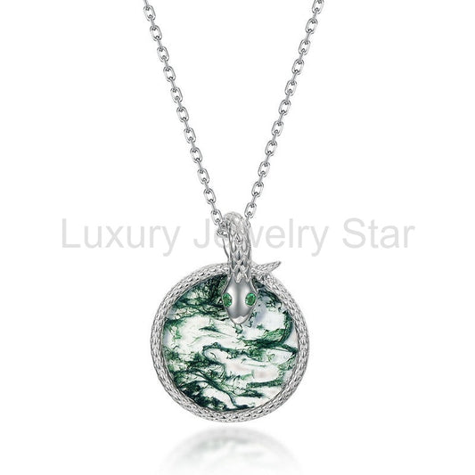 Snake Natural Green Moss Agate Coiled Serpent Pendant - Elowen