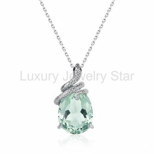 Una - Pear Cut Natural Green Amethyst Mystical Serpent Carved Unique Necklace