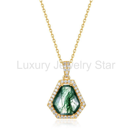 Unique Coffin Cut Moss Agate Halo Necklace - Arden