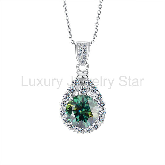 Verdantia - Round Cut Green Moissanite Halo Necklace