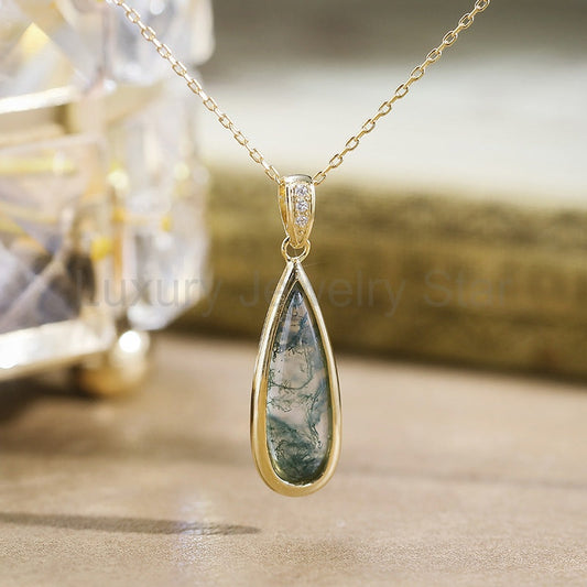 Willow - Drop Cut Moss Agate Classic Necklace Pendant