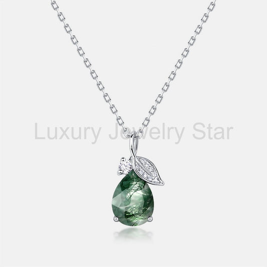 Women Green Moss Agate Crystal Necklace In Silver "Secret Garden"
