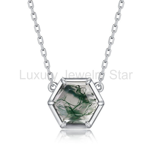 Zephyr - Hexagon Cut Moss Agate Classic Pendant