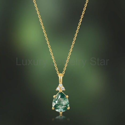 Zinnia-Pear Cut Moss Agate Classic Necklace
