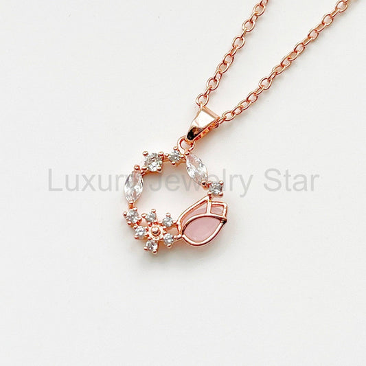 Rose Gold Pink Crystal Tulip Wreath Necklace: Necklace