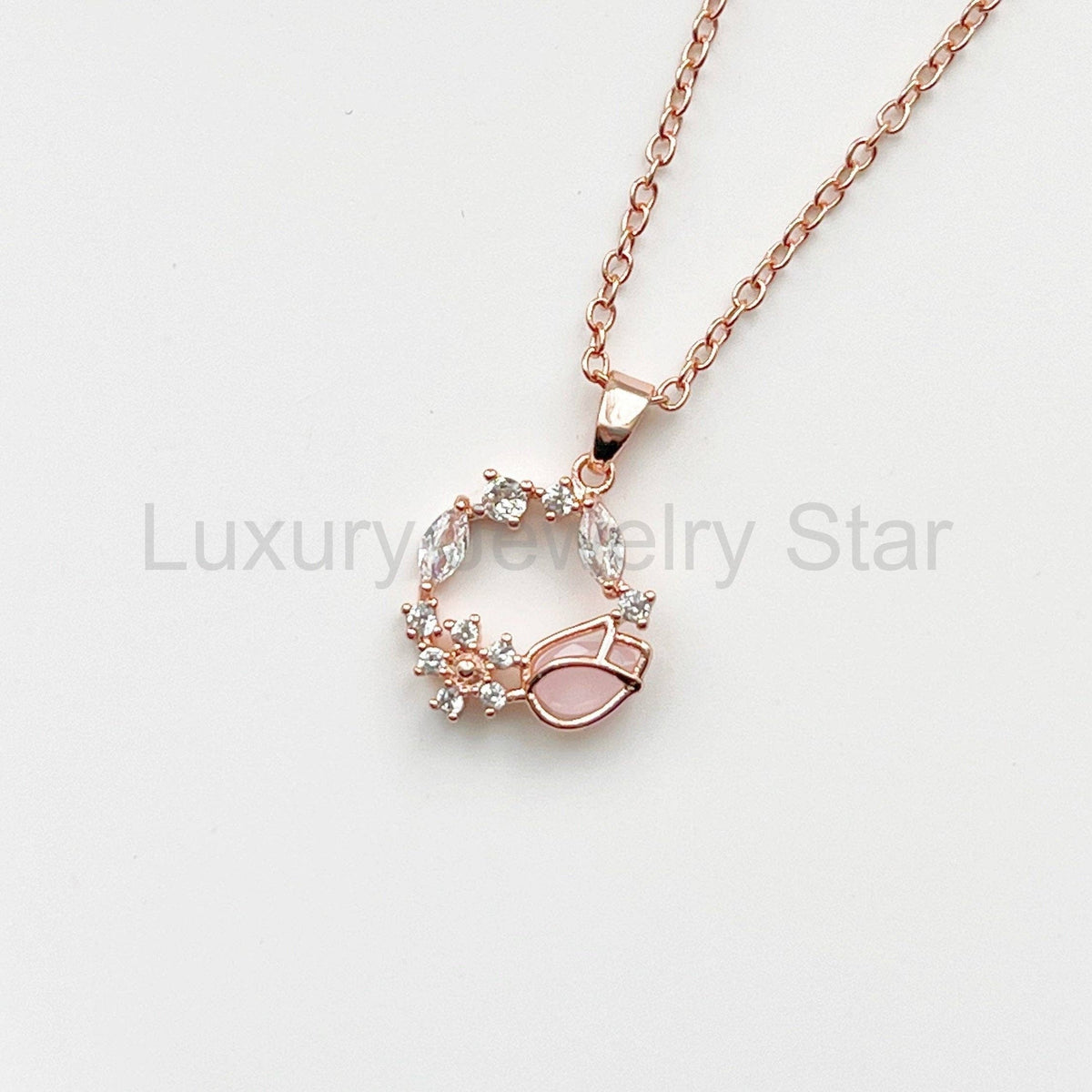 Rose Gold Pink Crystal Tulip Wreath Necklace: Necklace - image 2