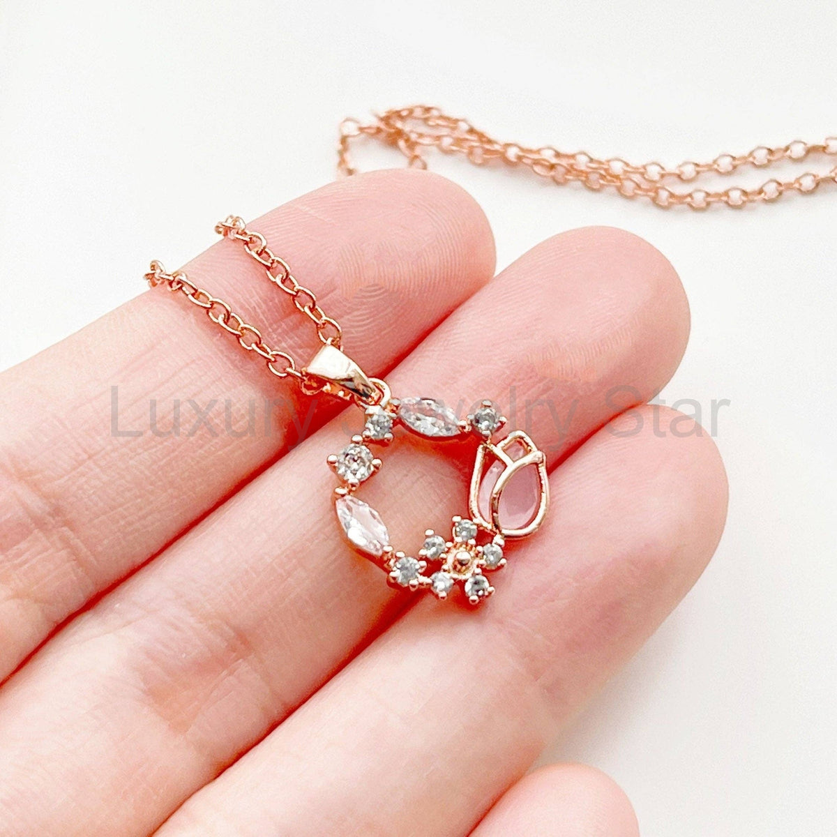 Rose Gold Pink Crystal Tulip Wreath Necklace: Necklace - image 3
