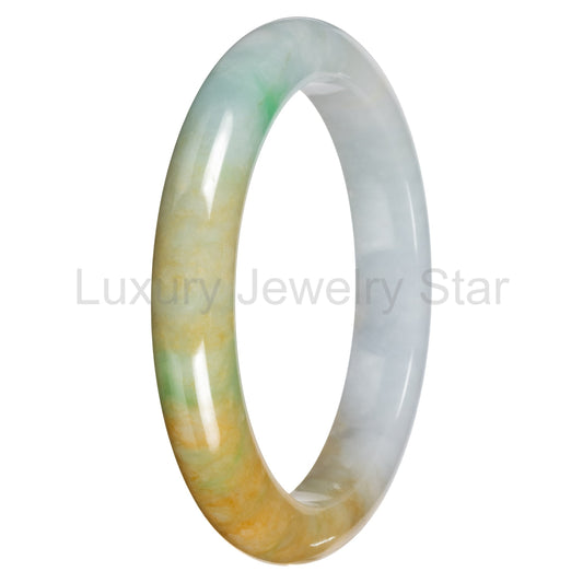 Real Pale Green with Yellow and Apple Green Jadeite Bangle Bracelet - 63mm Half Moon