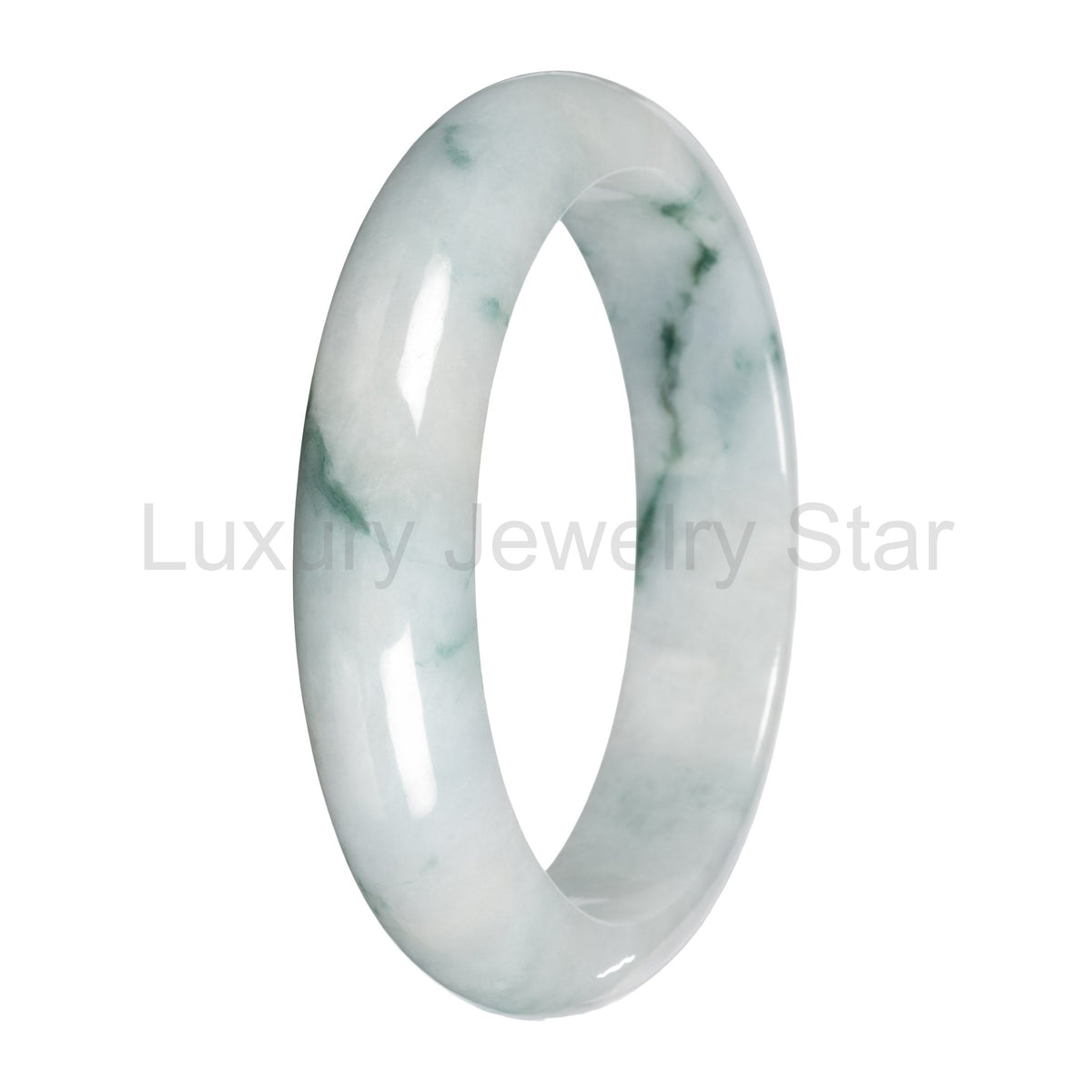 Real White with Green Pattern Jade Bangle - 59mm Half Moon - image 4