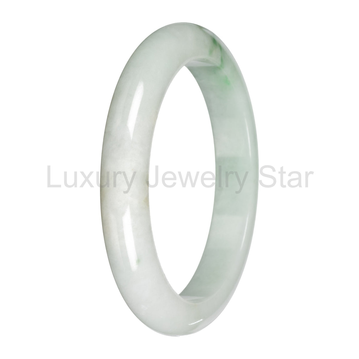 Real White with Light Green Pattern Burmese Jade Bangle - 59mm Half Moon - image 2