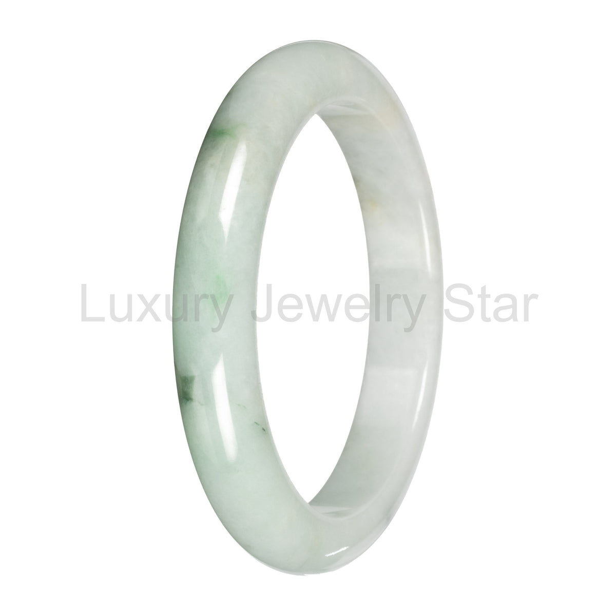 Real White with Light Green Pattern Burmese Jade Bangle - 59mm Half Moon - image 3