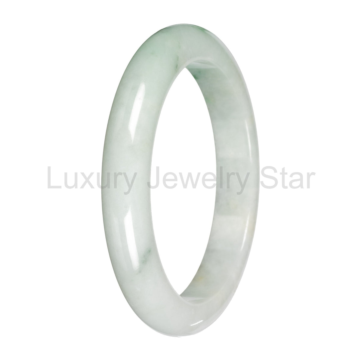 Real White with Light Green Pattern Burmese Jade Bangle - 59mm Half Moon - image 4